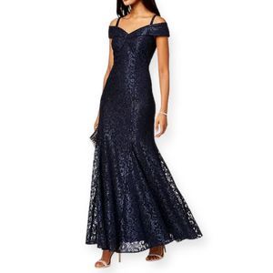 R&M Richards Navy Off-The-Shoulder Lace Gown Size 16